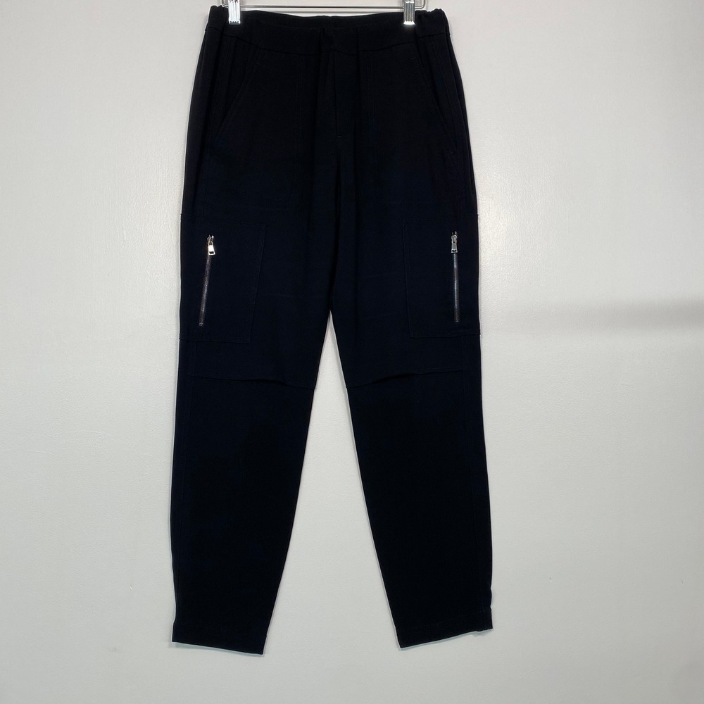 Vince Women Cargo Jogger Pants 4 Black Zip Pocket Crepe Tapered Elastic Waist